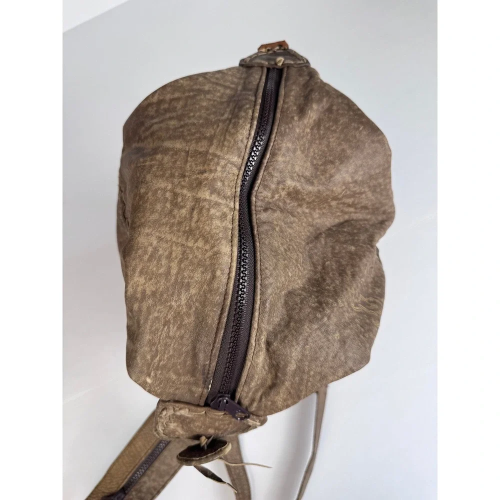 Distressed Brown Vegan Leather Bohemian Chic Slingback Bucket Bag